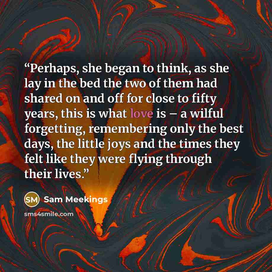 “Perhaps, she began to think, as she lay in the bed the two of them had shared on and off for close to fifty years, this is what love is – a wilful forgetting, remembering only the best days, the little joys and the times they felt like they were flying through their lives.” quote by Sam Meekings