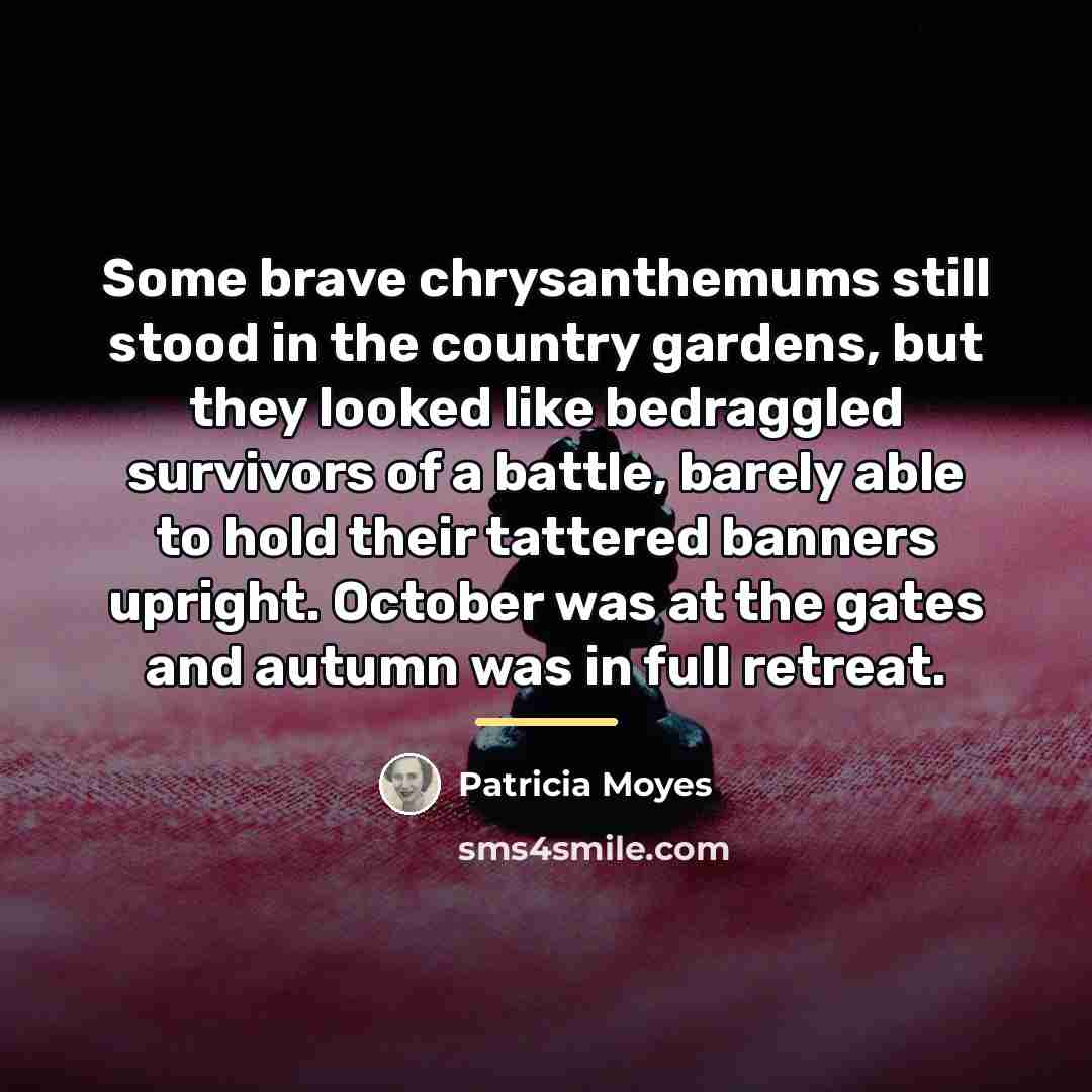 “Some brave chrysanthemums still stood in the country gardens, but…” quote by Patricia Moyes