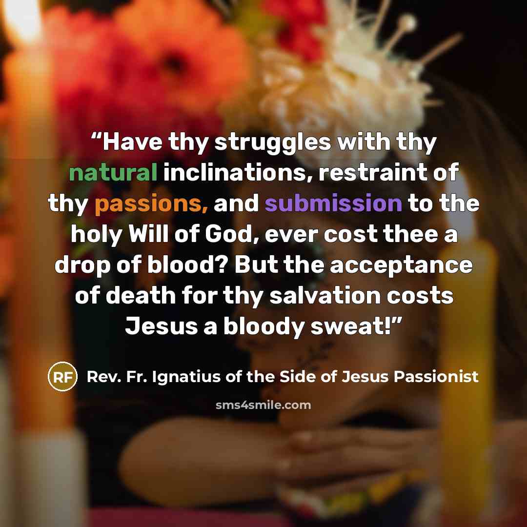 “Have thy struggles with thy natural inclinations, restraint of thy passions, and submission to the holy Will of God, ever cost thee a drop of blood? But the acceptance of death for thy salvation costs Jesus a bloody sweat!” quote by Rev. Fr. Ignatius of the Side of Jesus Passionist
