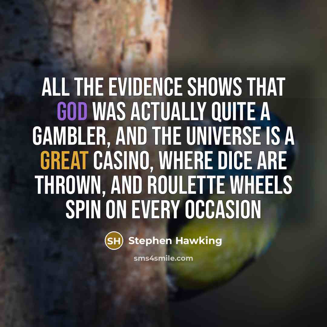 “All the evidence shows that God was actually quite a gambler, and the universe is a great casino, where dice are thrown, and roulette wheels spin on every occasion” quote by Stephen Hawking