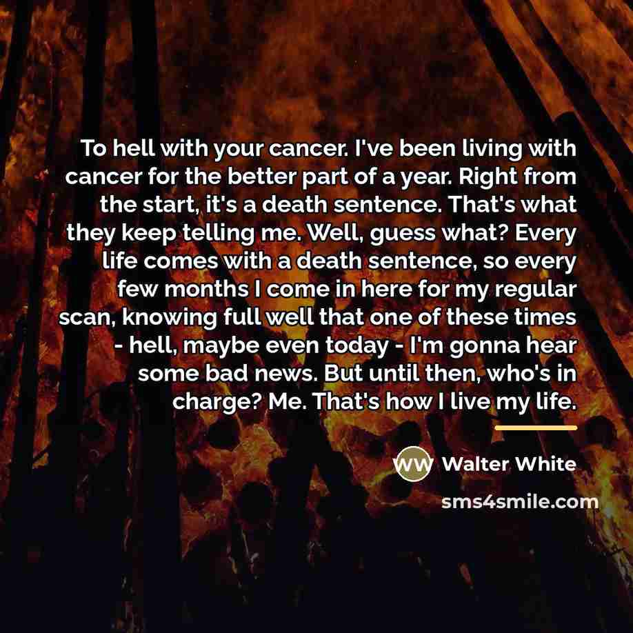 “To hell with your cancer. I've been living with cancer…” quote by Walter White