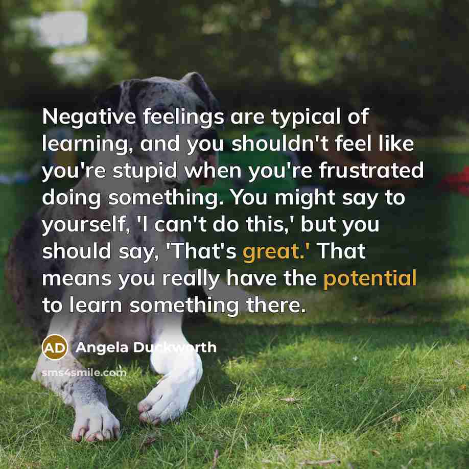 “Negative feelings are typical of learning, and you shouldn't feel like you're stupid when you're frustrated doing something. You might say to yourself, 'I can't do this,' but you should say, 'That's great.' That means you really have the potential to learn something there.” quote by Angela Duckworth