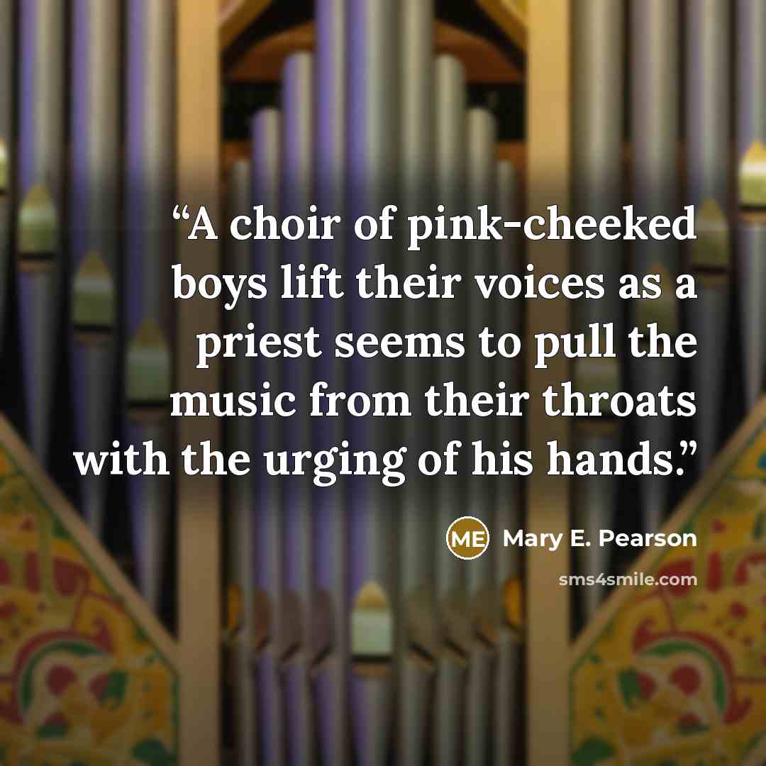 “A choir of pink-cheeked boys lift their voices as a priest seems to pull the music from their throats with the urging of his hands.” quote by Mary E. Pearson