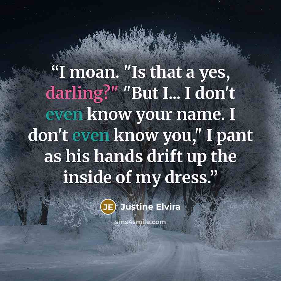 “I moan. "Is that a yes, darling?" "But I... I don't even know your name. I don't even know you," I pant as his hands drift up the inside of my dress.” quote by Justine Elvira