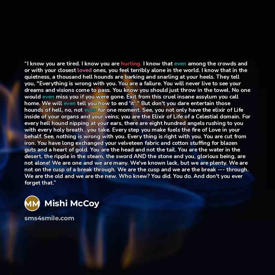 “I know you are tired. I know you are hurting. I know that even among the crowds and or with your closest loved ones, you feel terribly alone in the world. I know that in the quietness, a thousand hell hounds are barking and snarling at your heels. They tell you, "Everything is wrong with you. You…” quote by Mishi McCoy