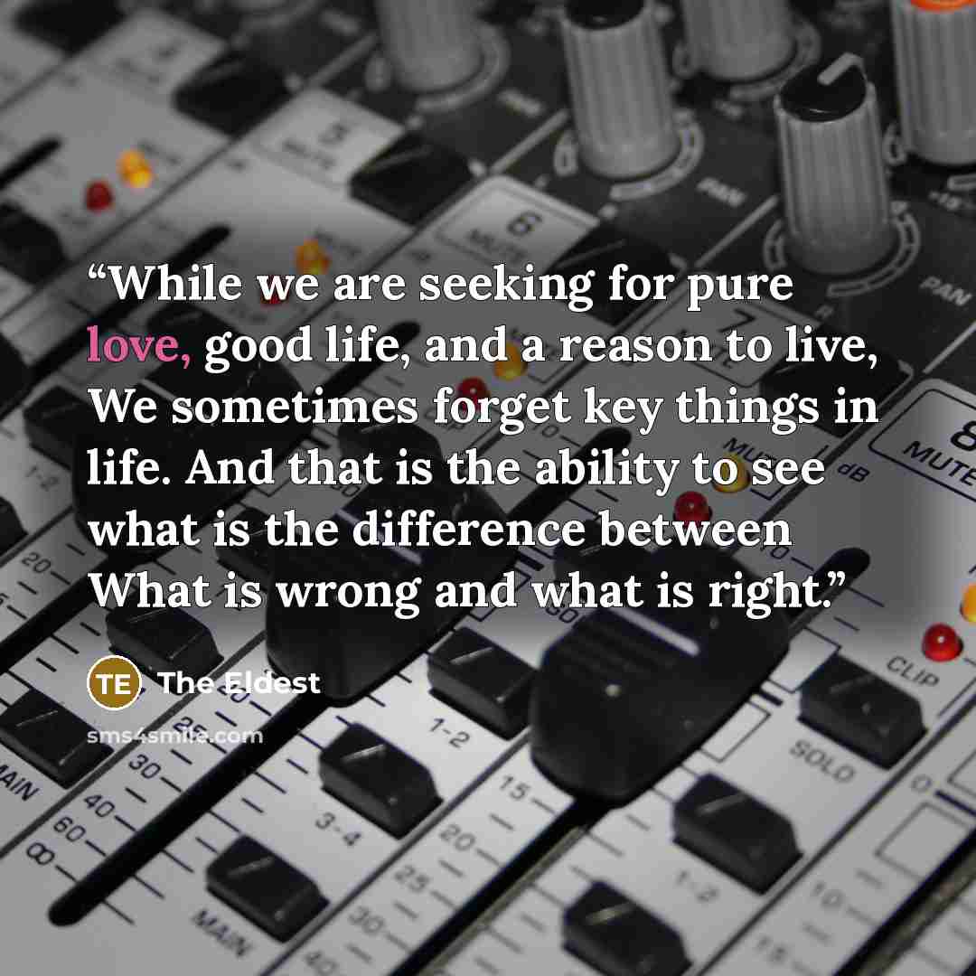 “While we are seeking for pure love, good life, and a reason to live, We sometimes forget key things in life. And that is the ability to see what is the difference between What is wrong and what is right.” quote by The Eldest