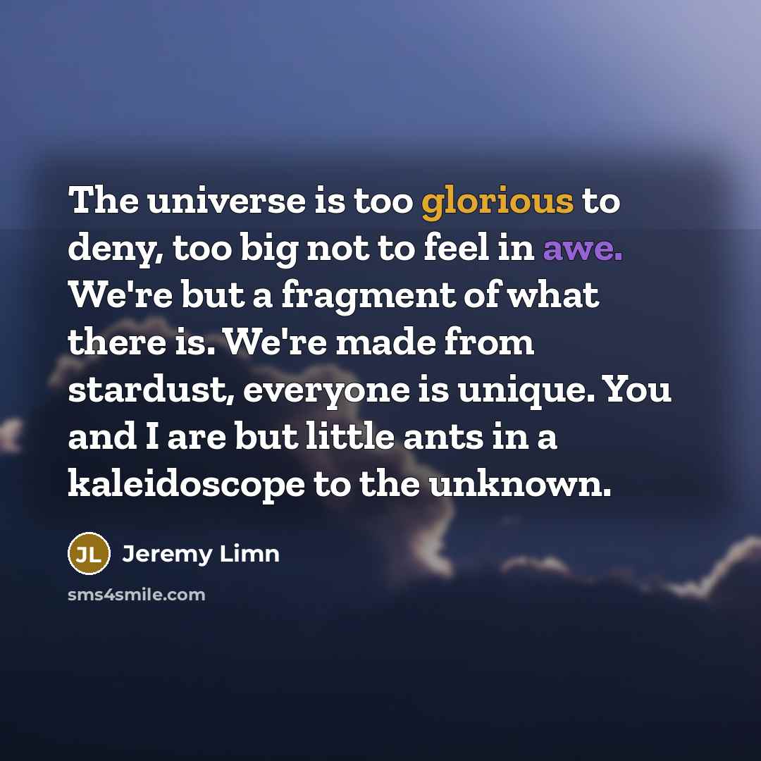 “The universe is too glorious to deny, too big not to feel in awe. We're but a fragment of what there is. We're made from stardust, everyone is unique. You and I are but little ants in a kaleidoscope to the unknown.” quote by Jeremy Limn