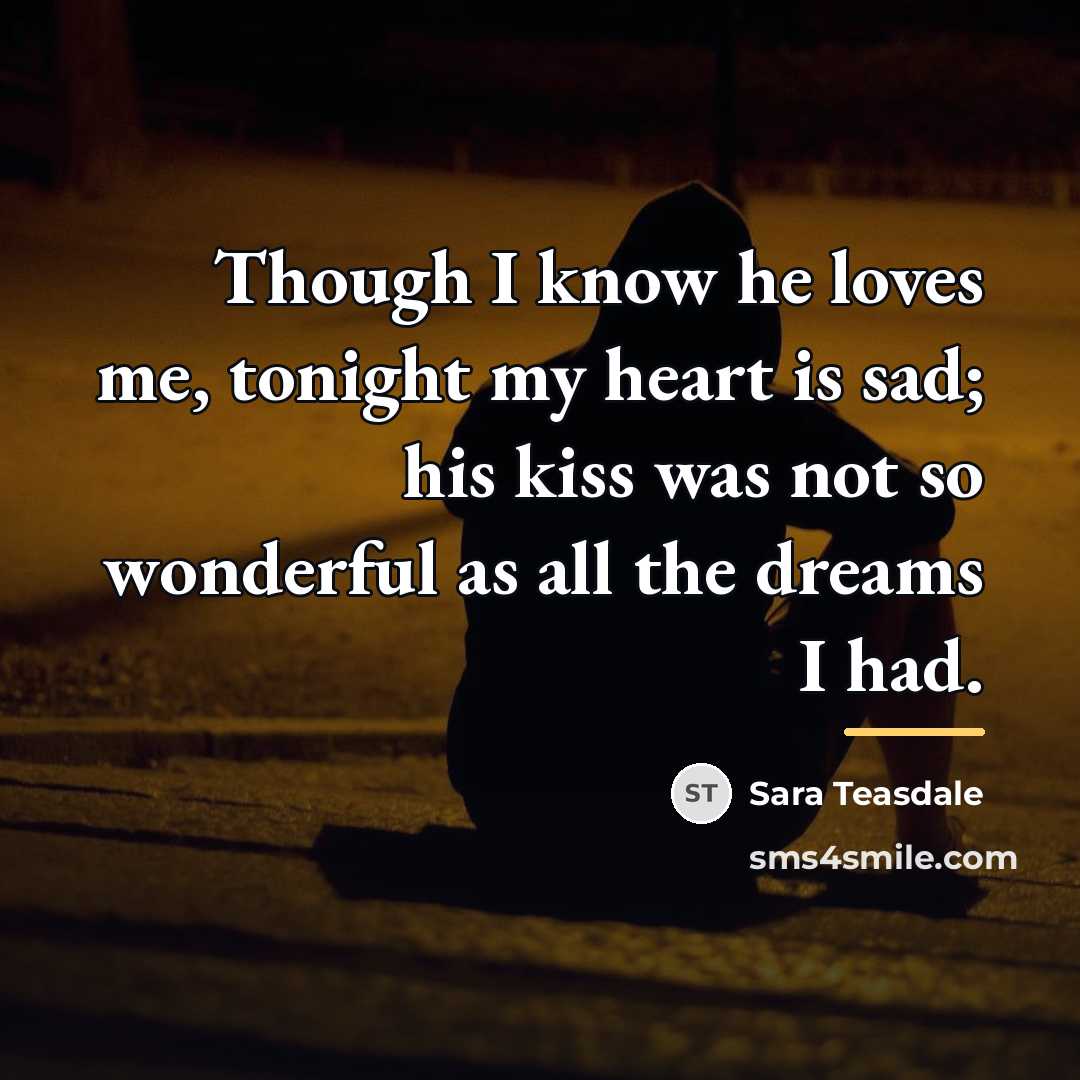 “Though I know he loves me, tonight my heart is…” quote by Sara Teasdale