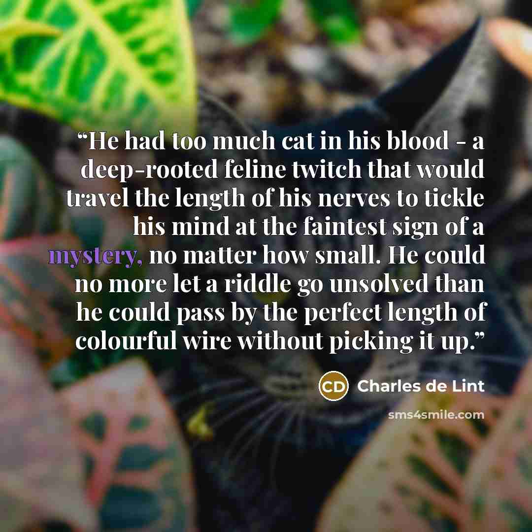 “He had too much cat in his blood - a deep-rooted feline twitch that would travel the length of his nerves to tickle his mind at the faintest sign of a mystery, no matter how small. He could no more let a riddle go unsolved than he could pass by the perfect length of colourful wire without picking…” quote by Charles de Lint