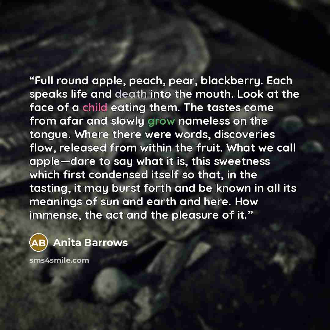 “Full round apple, peach, pear, blackberry. Each speaks life and death into the mouth. Look at the face of a child eating them. The tastes come from afar and slowly grow nameless on the tongue. Where there were words, discoveries flow, released from within the fruit. What we call apple—dare to say…” quote by Anita Barrows