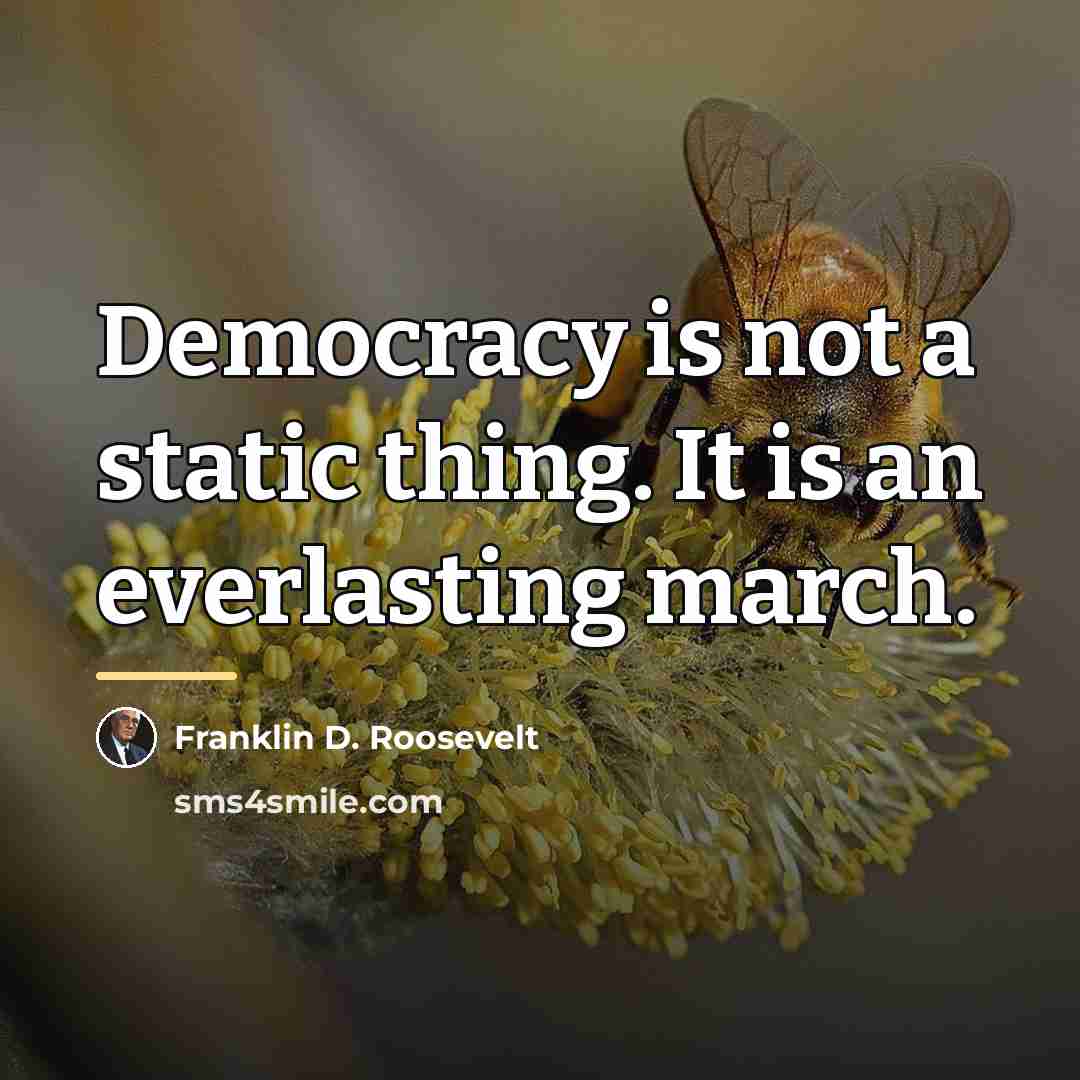 “Democracy is not a static thing. It is an everlasting…” quote by Franklin D. Roosevelt
