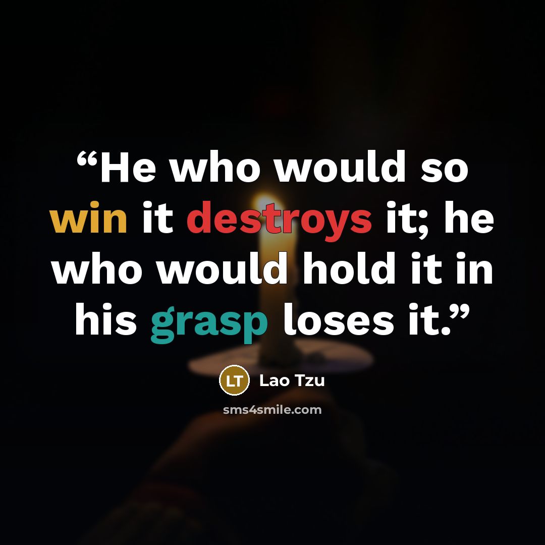 “He who would so win it destroys it; he who would hold it in his grasp loses it.” quote by Lao Tzu