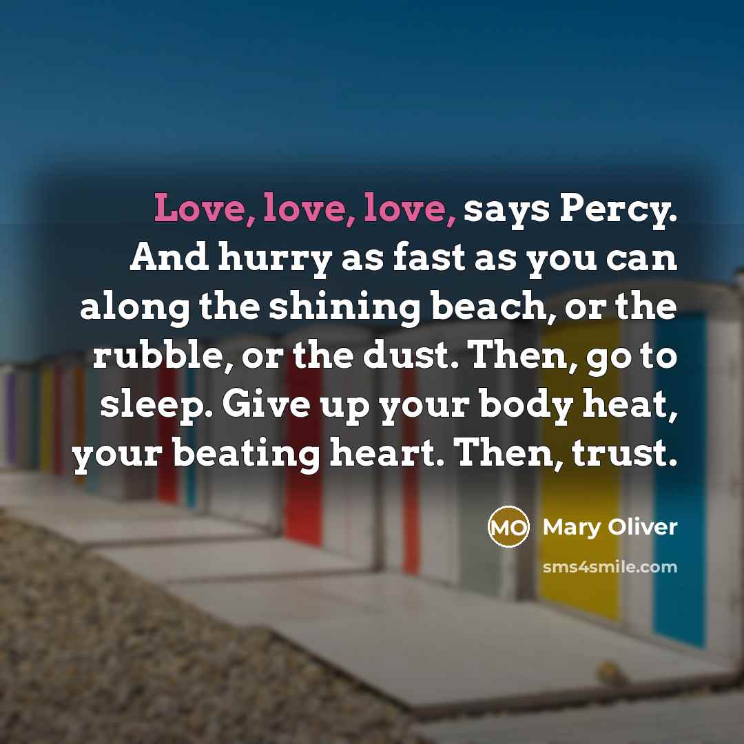 “Love, love, love, says Percy. And hurry as fast as…” quote by Mary Oliver