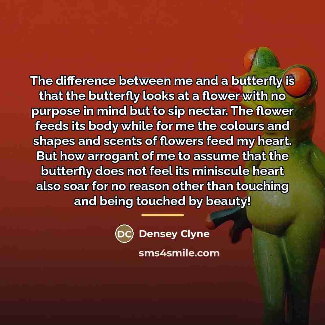 “The difference between me and a butterfly is that the…” quote by Densey Clyne