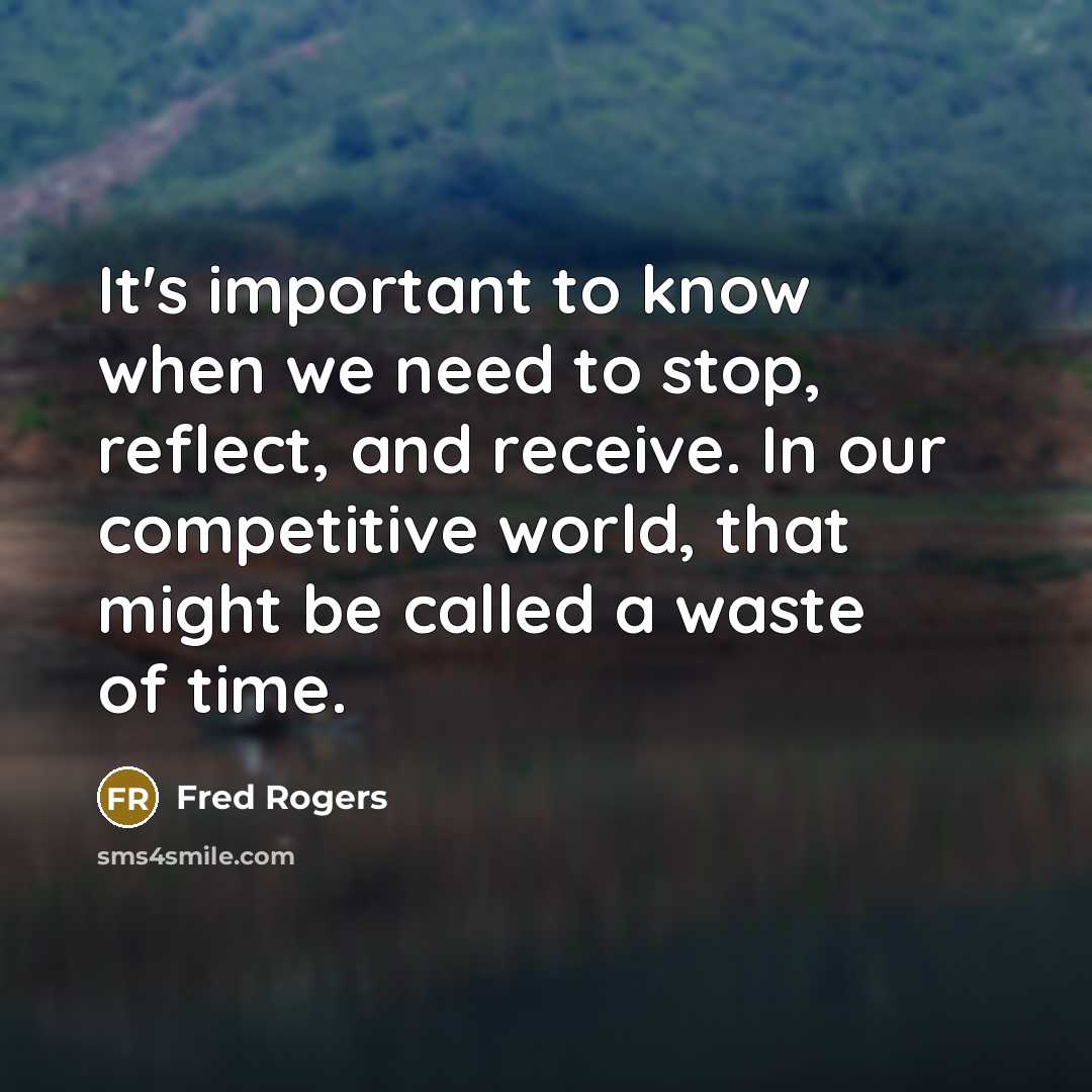 “It's important to know when we need to stop, reflect, and receive. In our competitive world, that might be called a waste of time.” quote by Fred Rogers