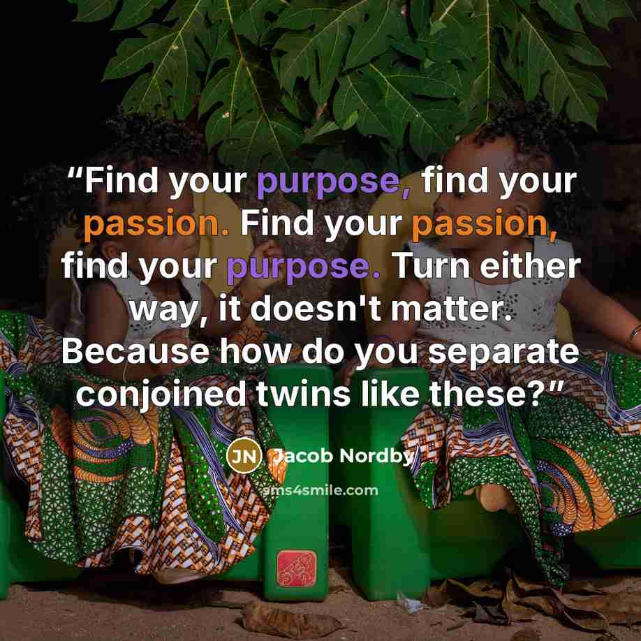 “Find your purpose, find your passion. Find your passion, find your purpose. Turn either way, it doesn't matter. Because how do you separate conjoined twins like these?” quote by Jacob Nordby