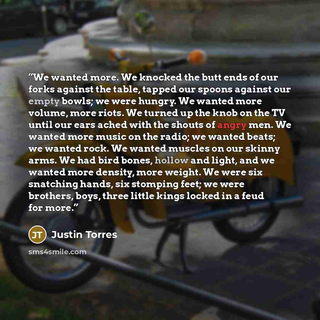 “We wanted more. We knocked the butt ends of our forks against the table, tapped our spoons against our empty bowls; we were hungry. We wanted more volume, more riots. We turned up the knob on the TV until our ears ached with the shouts of angry men. We wanted more music on the radio; we wanted…” quote by Justin Torres