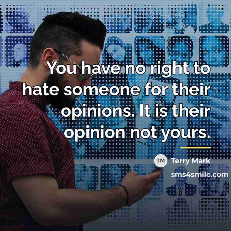 “You have no right to hate someone for their opinions.…” quote by Terry Mark