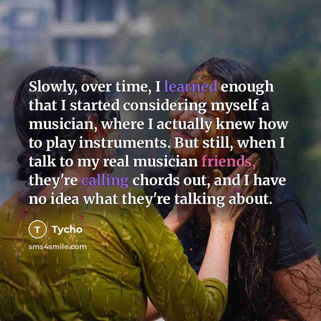 “Slowly, over time, I learned enough that I started considering myself a musician, where I actually knew how to play instruments. But still, when I talk to my real musician friends, they're calling chords out, and I have no idea what they're talking about.” quote by Tycho