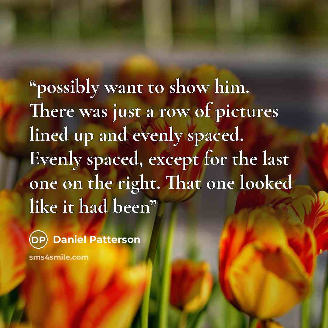“possibly want to show him. There was just a row of pictures lined up and evenly spaced. Evenly spaced, except for the last one on the right. That one looked like it had been” quote by Daniel Patterson