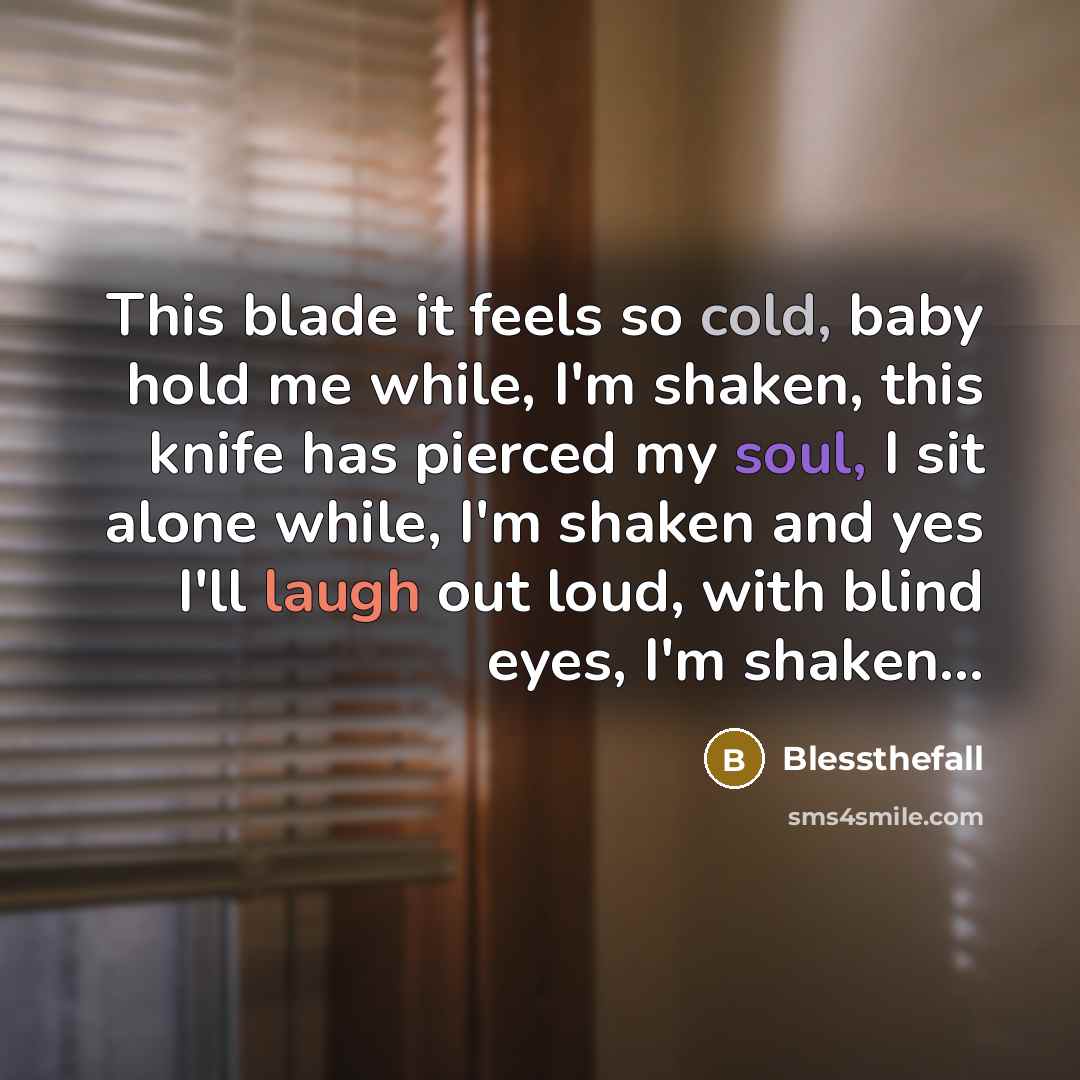 “This blade it feels so cold, baby hold me while, I'm shaken, this knife has pierced my soul, I sit alone while, I'm shaken and yes I'll laugh out loud, with blind eyes, I'm shaken...” quote by Blessthefall