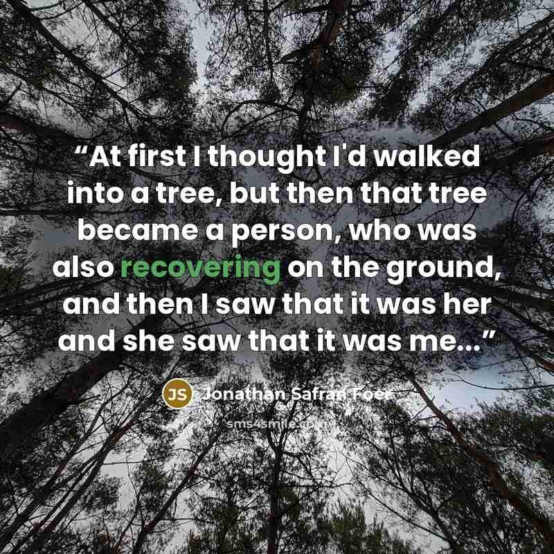 “At first I thought I'd walked into a tree, but then that tree became a person, who was also recovering on the ground, and then I saw that it was her and she saw that it was me...” quote by Jonathan Safran Foer