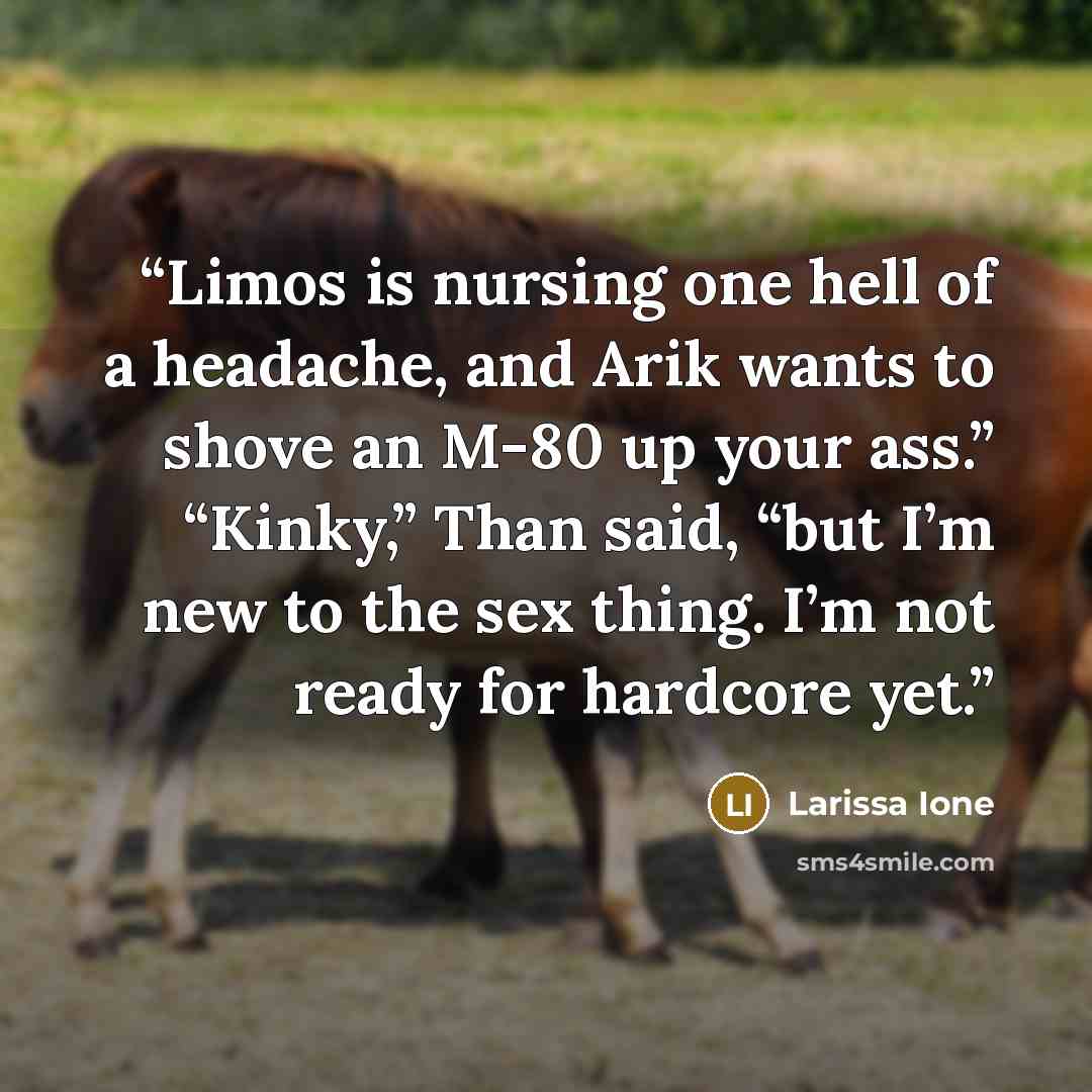 “Limos is nursing one hell of a headache, and Arik wants to shove an M-80 up your ass.” “Kinky,” Than said, “but I’m new to the sex thing. I’m not ready for hardcore yet.” quote by Larissa Ione