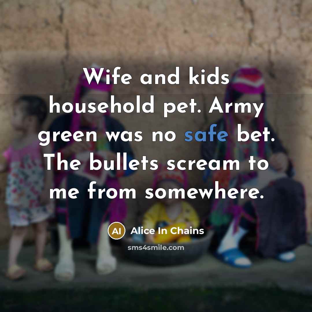 “Wife and kids household pet. Army green was no safe bet. The bullets scream to me from somewhere.” quote by Alice In Chains