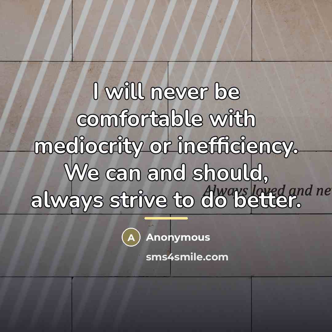 “I will never be comfortable with mediocrity or inefficiency. We…” quote by Anonymous