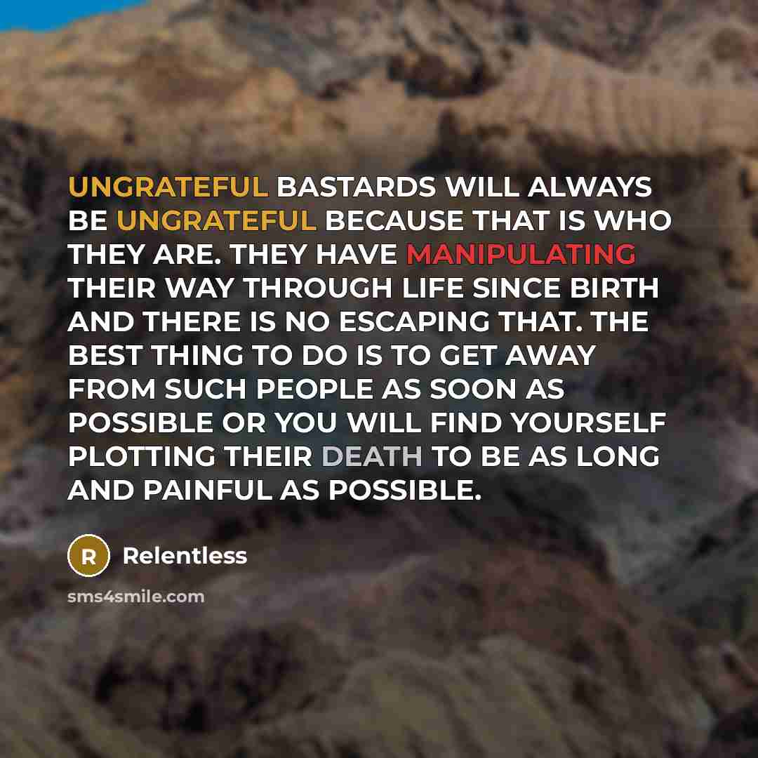 “UNGRATEFUL BASTARDS WILL ALWAYS BE UNGRATEFUL BECAUSE THAT IS WHO THEY ARE. THEY HAVE MANIPULATING THEIR WAY THROUGH LIFE SINCE BIRTH AND THERE IS NO ESCAPING THAT. THE BEST THING TO DO IS TO GET AWAY FROM SUCH PEOPLE AS SOON AS POSSIBLE OR YOU WILL FIND YOURSELF PLOTTING THEIR DEATH TO BE AS LONG…” quote by Relentless