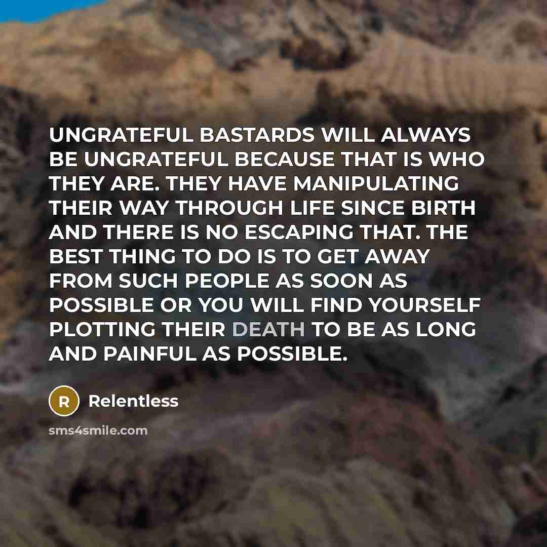 “UNGRATEFUL BASTARDS WILL ALWAYS BE UNGRATEFUL BECAUSE THAT IS WHO THEY ARE. THEY HAVE MANIPULATING THEIR WAY THROUGH LIFE SINCE BIRTH AND THERE IS NO ESCAPING THAT. THE BEST THING TO DO IS TO GET AWAY FROM SUCH PEOPLE AS SOON AS POSSIBLE OR YOU WILL FIND YOURSELF PLOTTING THEIR DEATH TO BE AS LONG…” quote by Relentless
