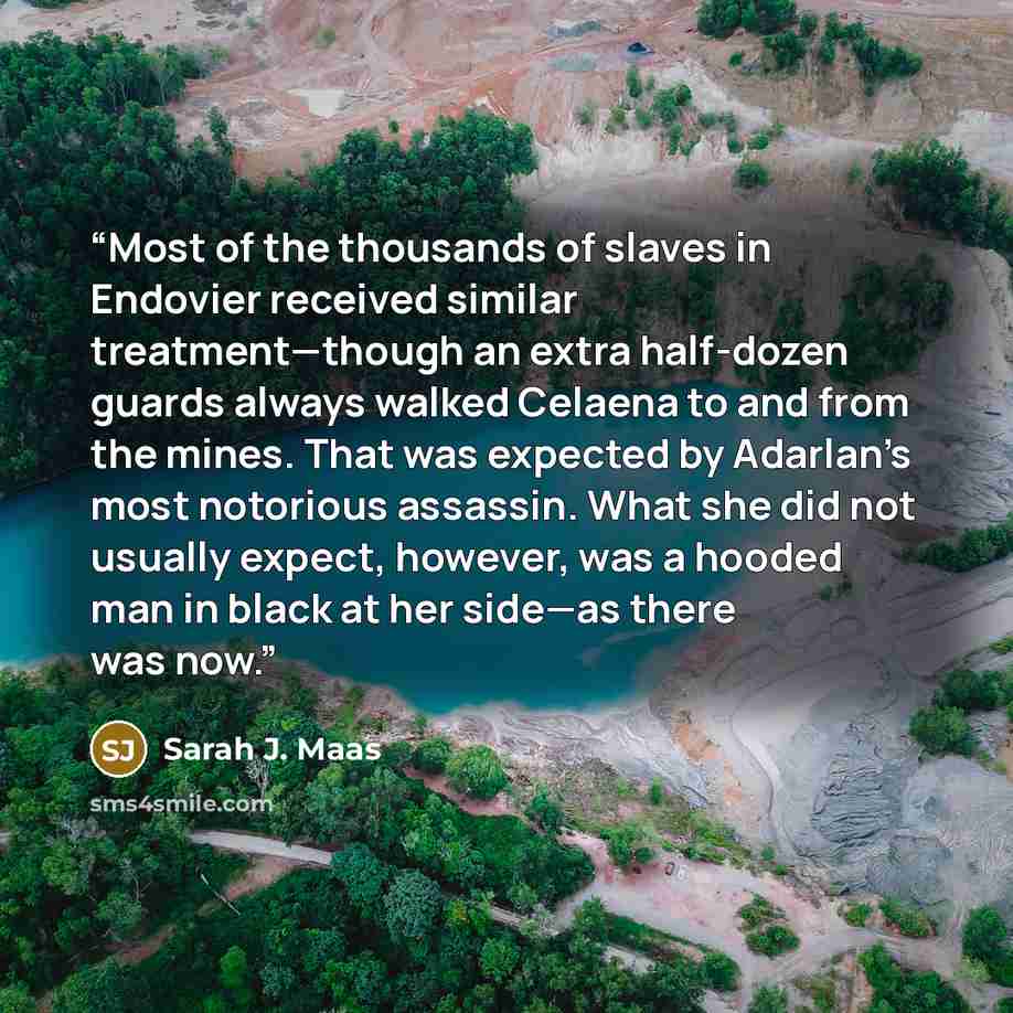 “Most of the thousands of slaves in Endovier received similar treatment—though an extra half-dozen guards always walked Celaena to and from the mines. That was expected by Adarlan’s most notorious assassin. What she did not usually expect, however, was a hooded man in black at her side—as there was…” quote by Sarah J. Maas
