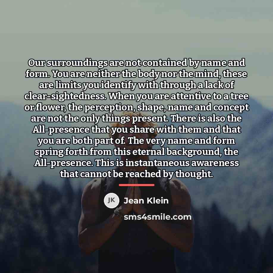 “Our surroundings are not contained by name and form. You…” quote by Jean Klein