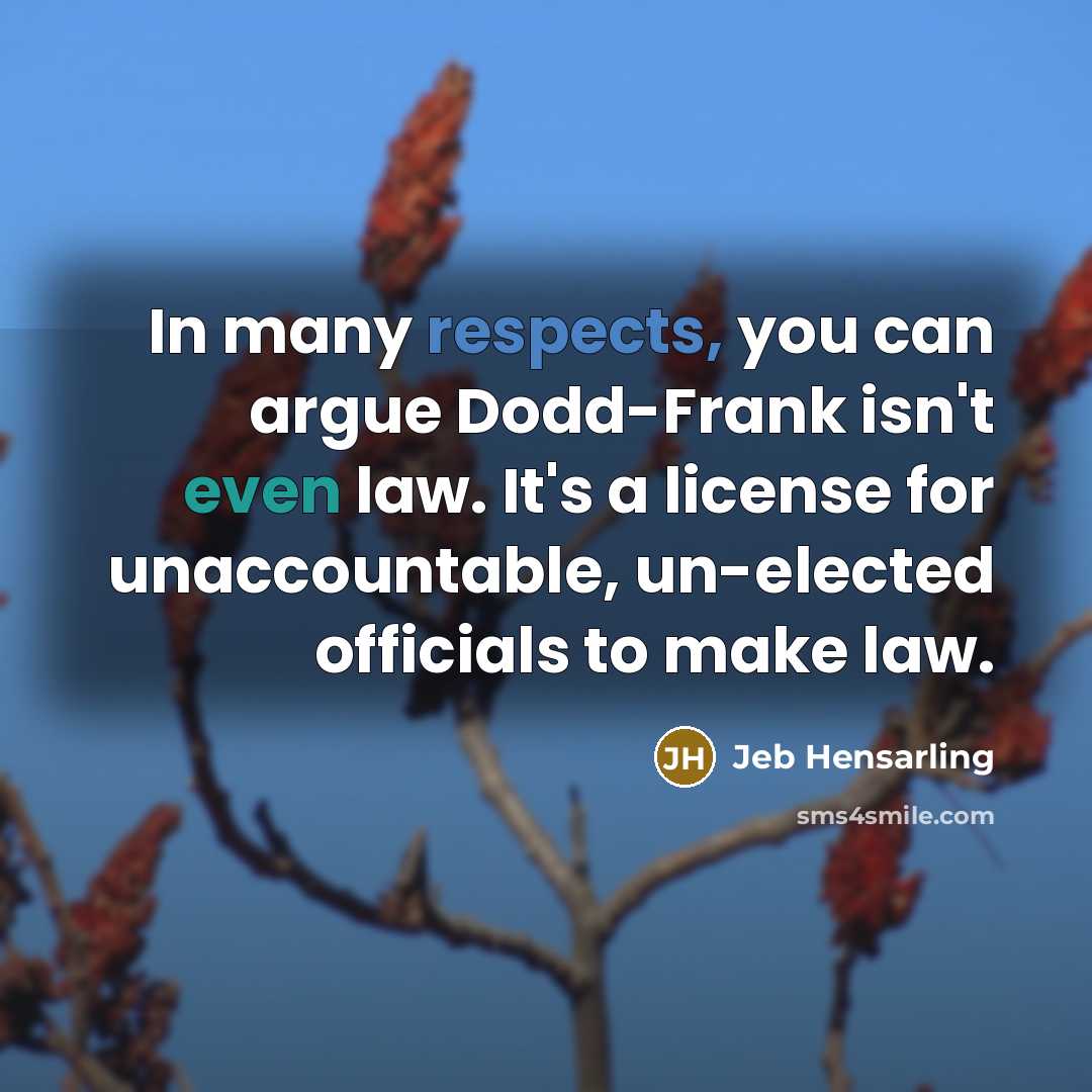 “In many respects, you can argue Dodd-Frank isn't even law. It's a license for unaccountable, un-elected officials to make law.” quote by Jeb Hensarling