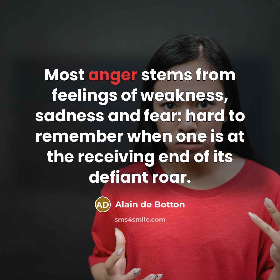 “Most anger stems from feelings of weakness, sadness and fear:…” quote by Alain de Botton