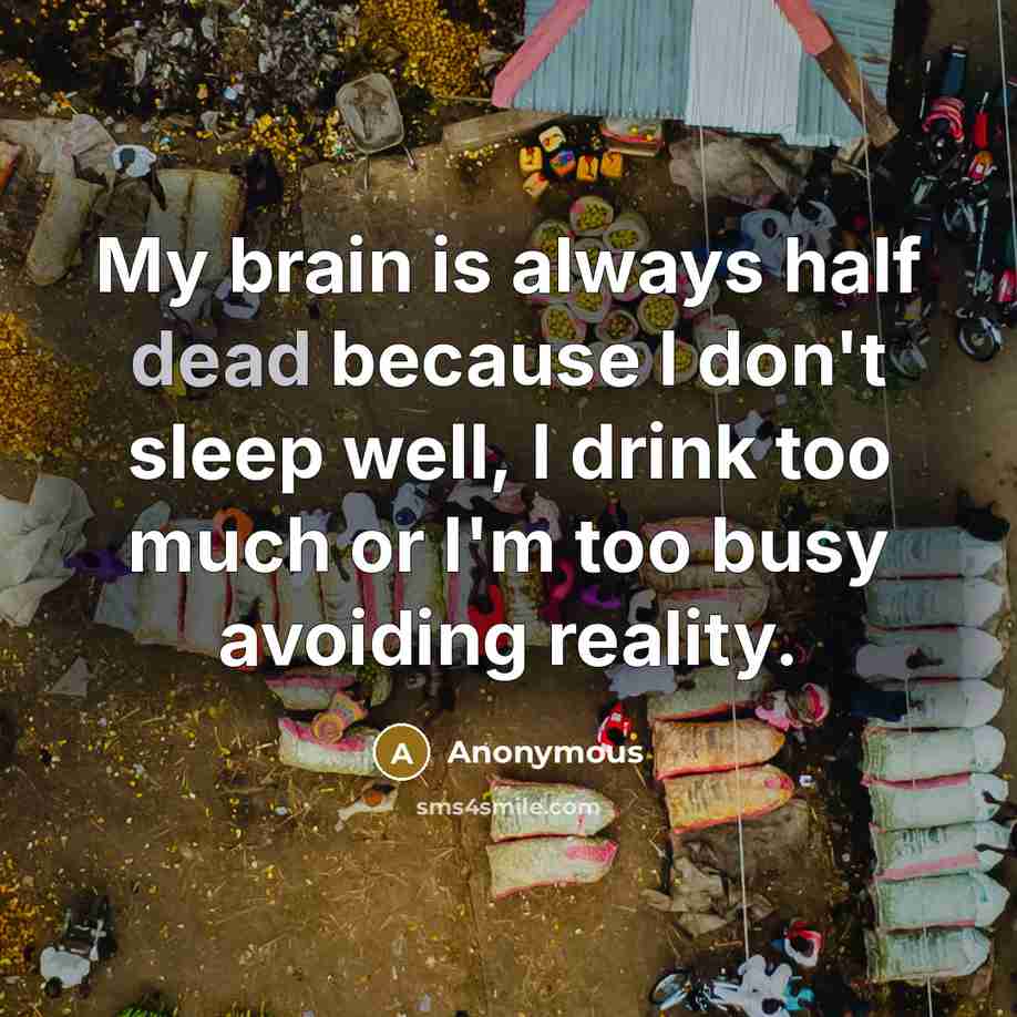 “My brain is always half dead because I don't sleep well, I drink too much or I'm too busy avoiding reality.” quote by Anonymous