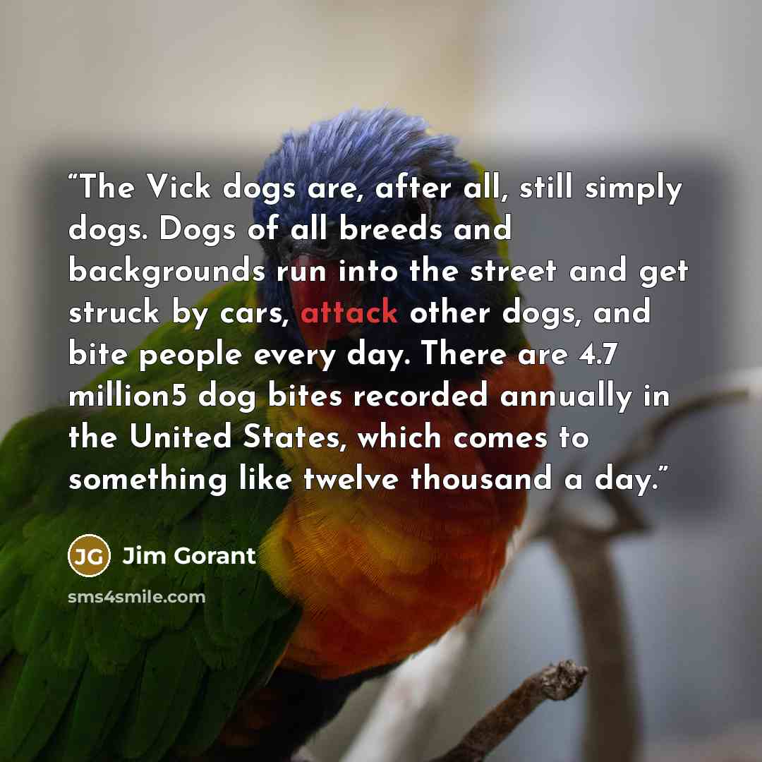 “The Vick dogs are, after all, still simply dogs. Dogs of all breeds and backgrounds run into the street and get struck by cars, attack other dogs, and bite people every day. There are 4.7 million5 dog bites recorded annually in the United States, which comes to something like twelve thousand a day.” quote by Jim Gorant