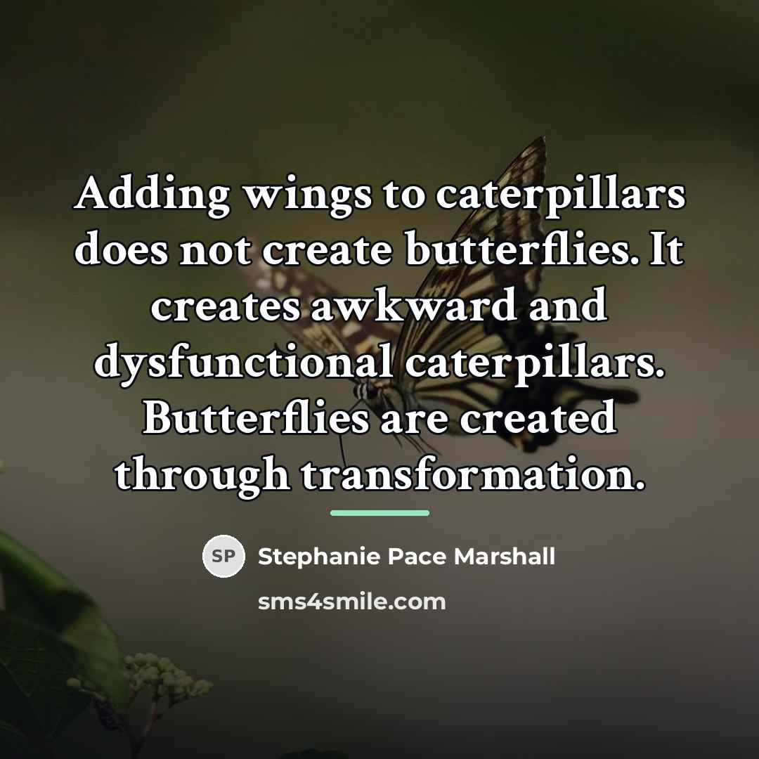 “Adding wings to caterpillars does not create butterflies. It creates…” quote by Stephanie Pace Marshall
