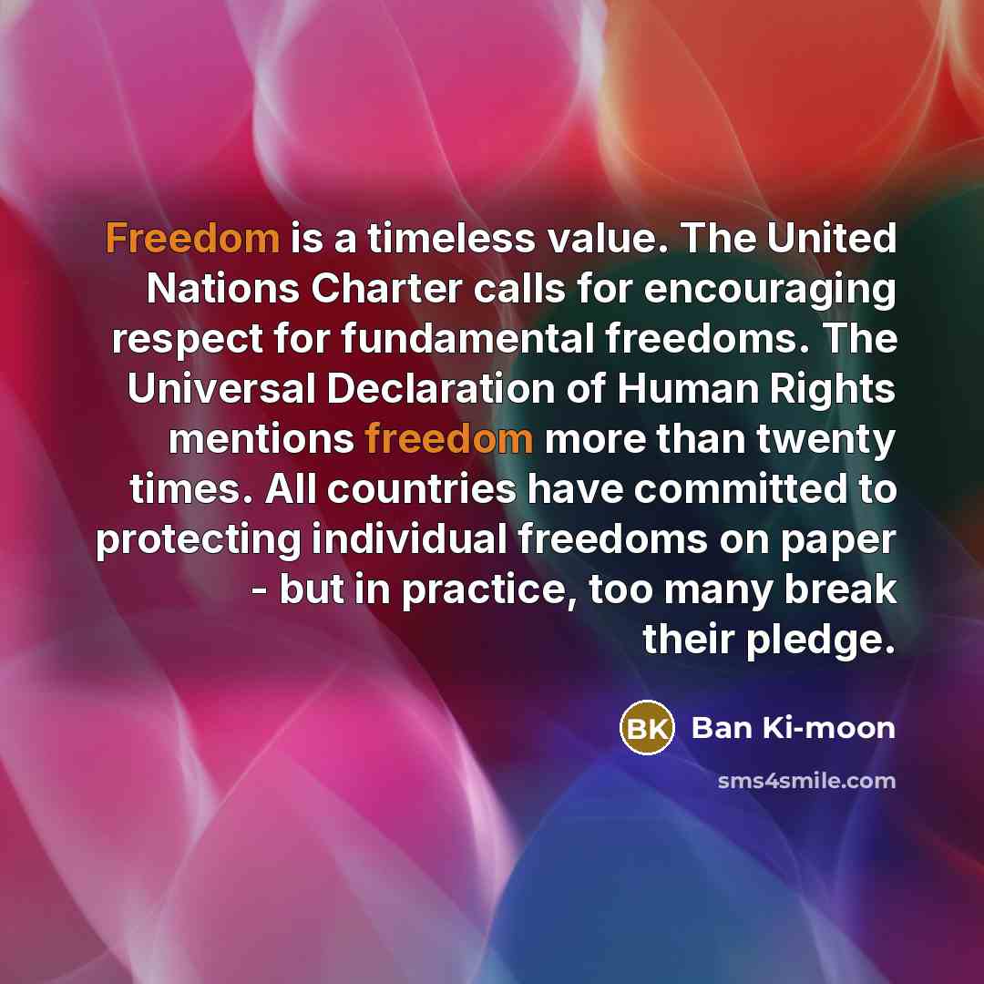“Freedom is a timeless value. The United Nations Charter calls…” quote by Ban Ki-moon