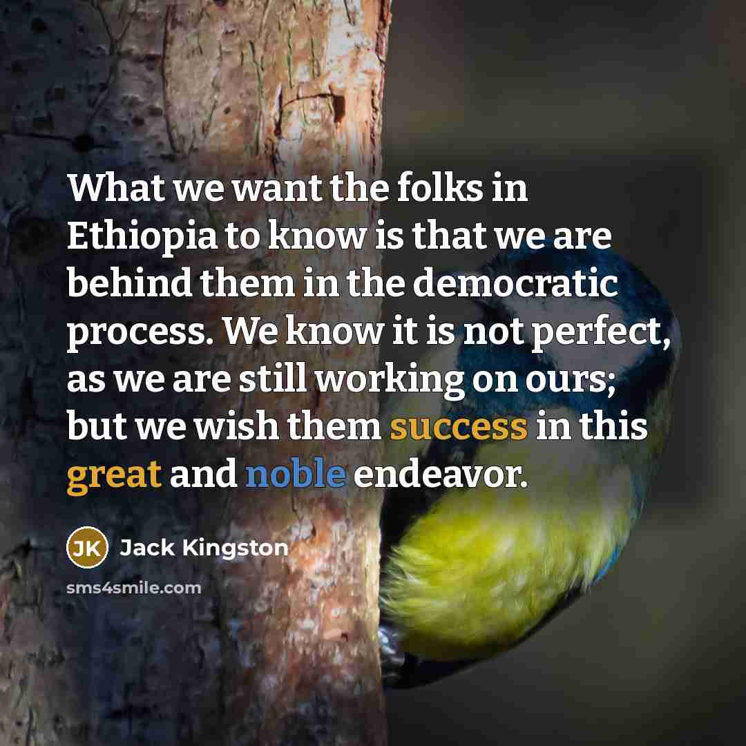 “What we want the folks in Ethiopia to know is that we are behind them in the democratic process. We know it is not perfect, as we are still working on ours; but we wish them success in this great and noble endeavor.” quote by Jack Kingston