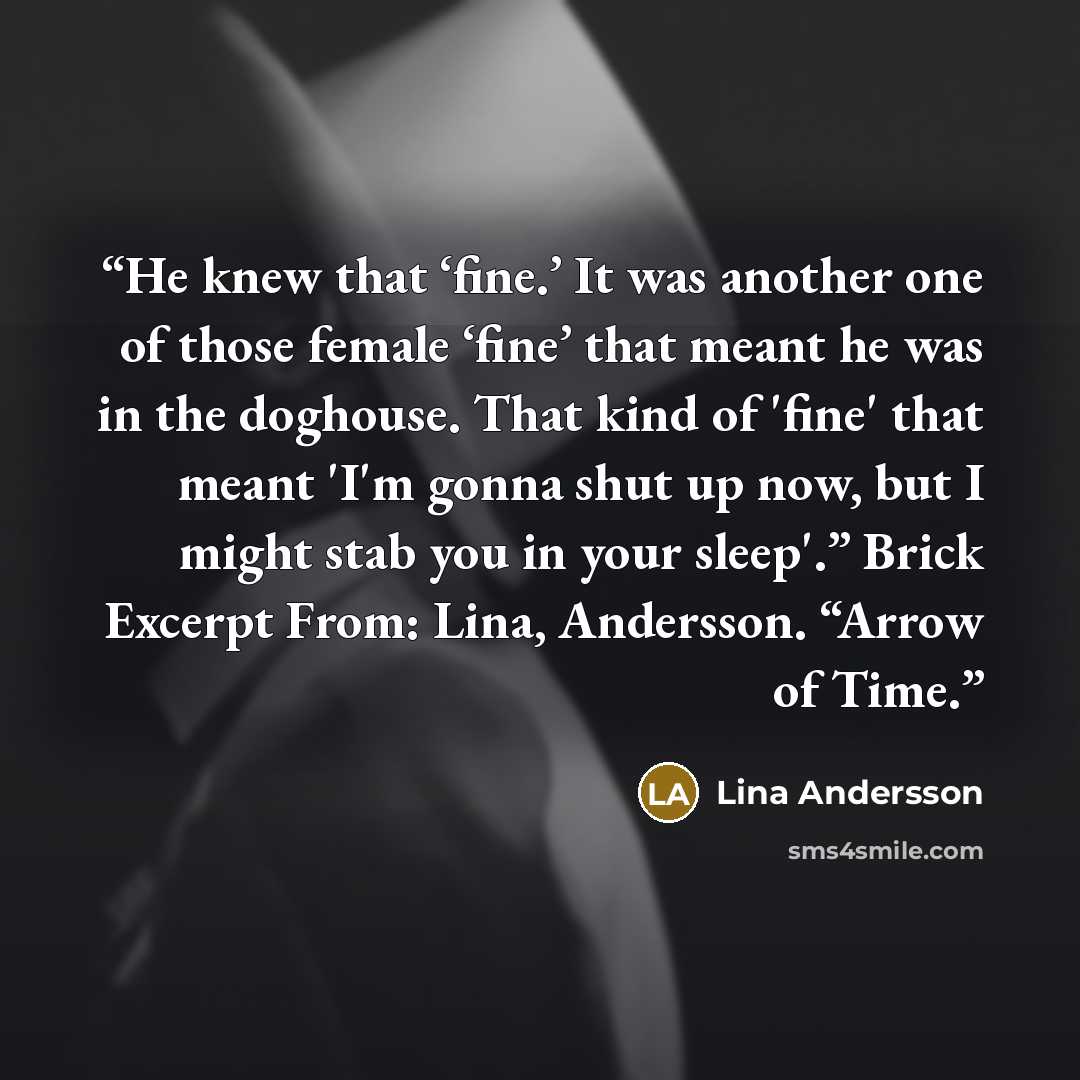 “He knew that ‘fine.’ It was another one of those female ‘fine’ that meant he was in the doghouse. That kind of 'fine' that meant 'I'm gonna shut up now, but I might stab you in your sleep'.” Brick Excerpt From: Lina, Andersson. “Arrow of Time.” quote by Lina Andersson