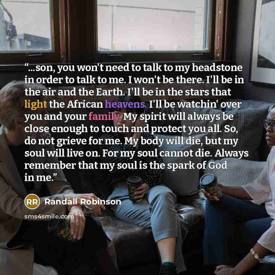 “...son, you won't need to talk to my headstone in order to talk to me. I won't be there. I'll be in the air and the Earth. I'll be in the stars that light the African heavens. I'll be watchin' over you and your family. My spirit will always be close enough to touch and protect you all. So, do not…” quote by Randall Robinson