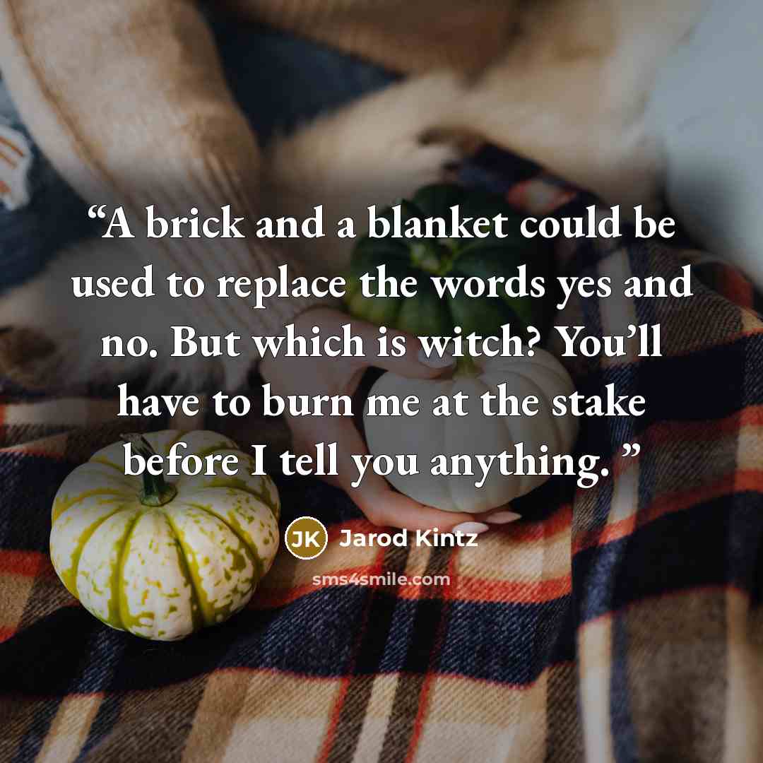 “A brick and a blanket could be used to replace the words yes and no. But which is witch? You’ll have to burn me at the stake before I tell you anything.” quote by Jarod Kintz