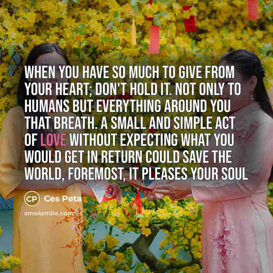 “When you have so much to give from your heart; don't hold it. Not only to humans but everything around you that breath. A small and simple act of love without expecting what you would get in return could save the world, foremost, it pleases your soul” quote by Ces Peta