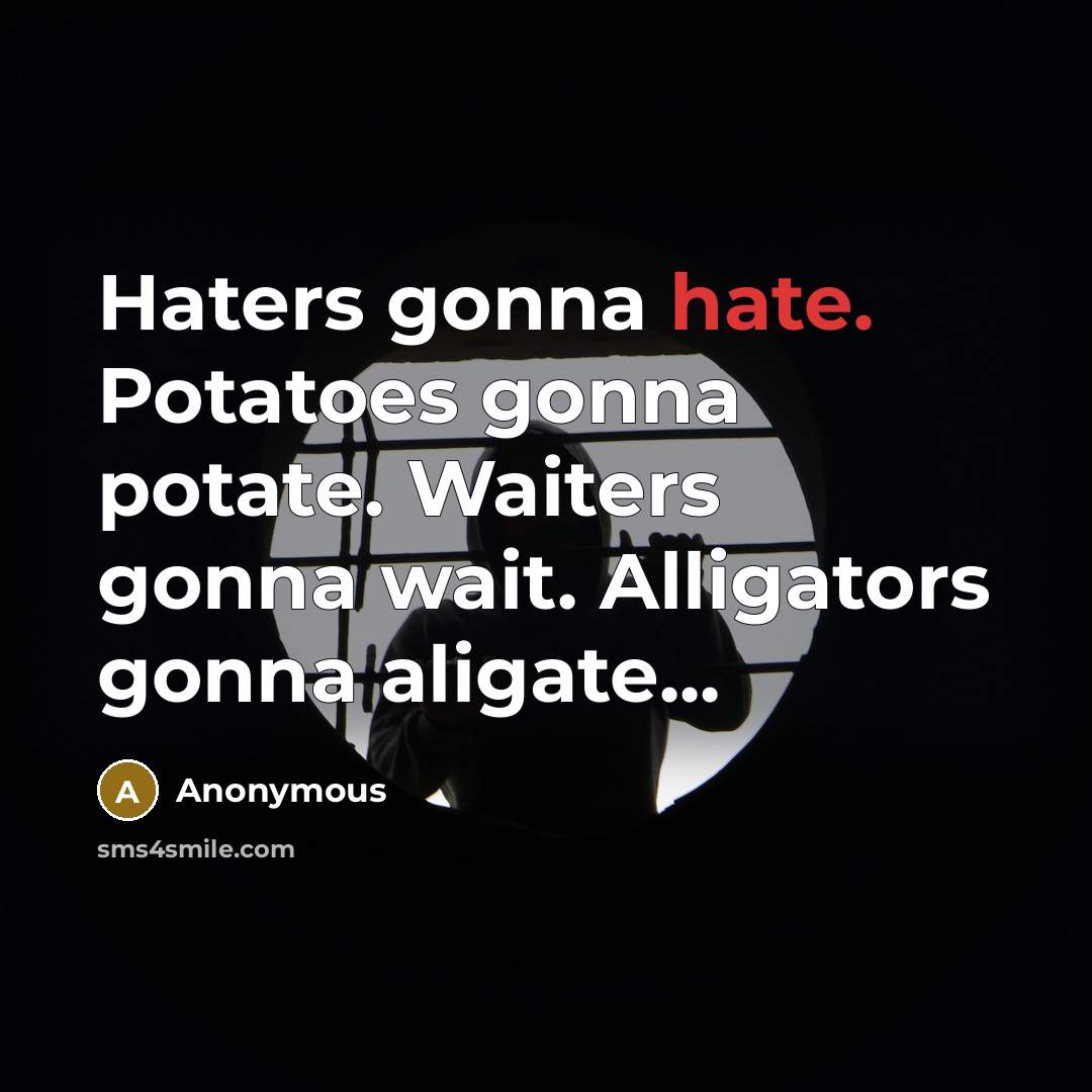 “Haters gonna hate. Potatoes gonna potate. Waiters gonna wait. Alligators gonna aligate...” quote by Anonymous