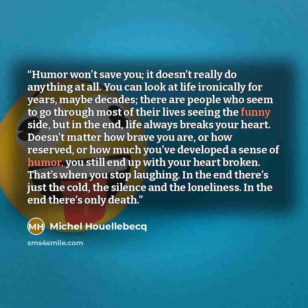“Humor won’t save you; it doesn’t really do anything at all. You can look at life ironically for years, maybe decades; there are people who seem to go through most of their lives seeing the funny side, but in the end, life always breaks your heart. Doesn’t matter how brave you are, or how reserved…” quote by Michel Houellebecq