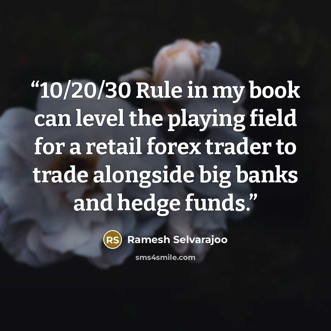 “10/20/30 Rule in my book can level the playing field for a retail forex trader to trade alongside big banks and hedge funds.” quote by Ramesh Selvarajoo