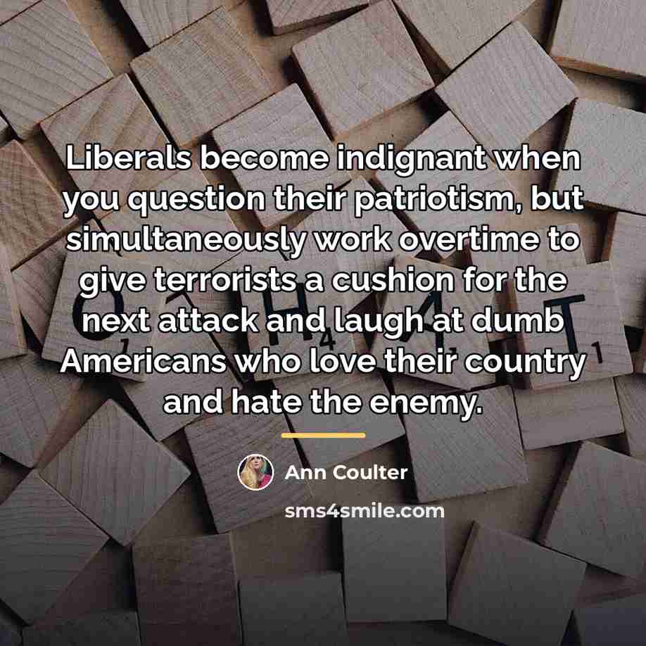 “Liberals become indignant when you question their patriotism, but simultaneously…” quote by Ann Coulter