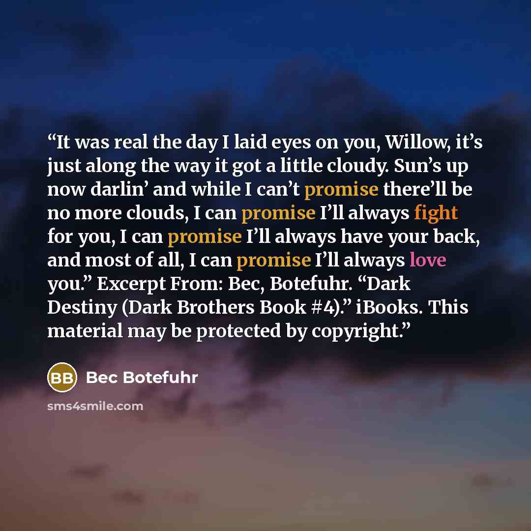 “It was real the day I laid eyes on you, Willow, it’s just along the way it got a little cloudy. Sun’s up now darlin’ and while I can’t promise there’ll be no more clouds, I can promise I’ll always fight for you, I can promise I’ll always have your back, and most of all, I can promise I’ll always…” quote by Bec Botefuhr