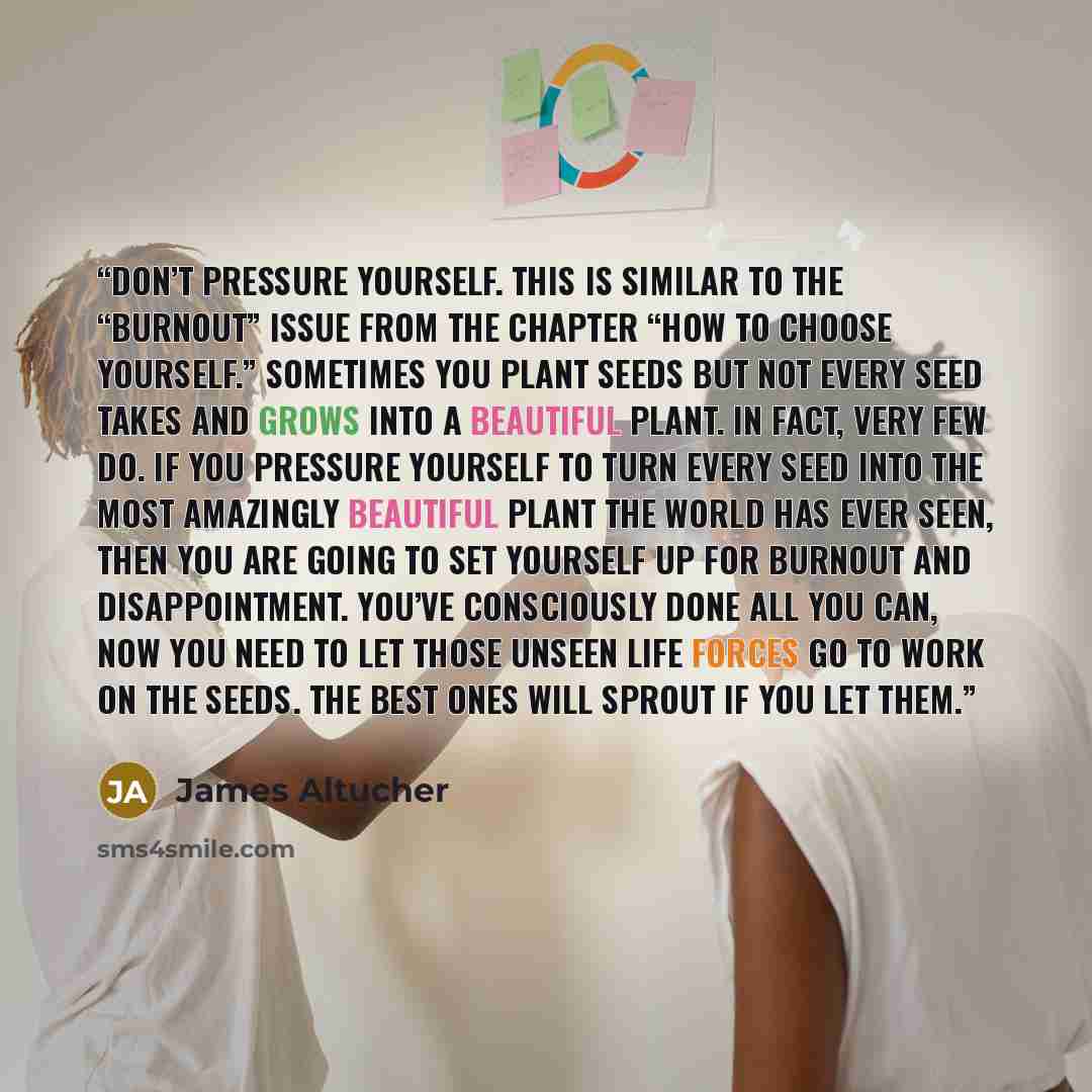 “Don’t pressure yourself. This is similar to the “burnout” issue from the chapter “How to Choose Yourself.” Sometimes you plant seeds but not every seed takes and grows into a beautiful plant. In fact, very few do. If you pressure yourself to turn every seed into the most amazingly beautiful plant…” quote by James Altucher